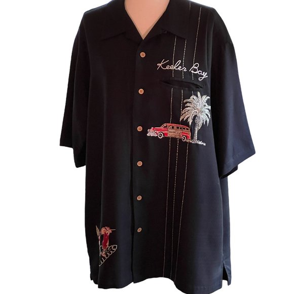 KEEBLER BAY Hawaiian black. shirt in size XL palm trees tropical  drinks Woodie - Picture 12 of 12